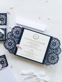 Elegant Navy Blue Wedding Invitations - Laser cut Floral Invitation with Cream Insert