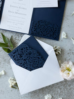 Navy Blue Pocketfold Elegant Lace Floral Wedding Invitations