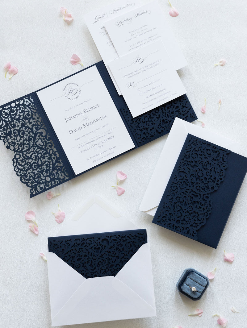 Navy Blue Pocketfold Lace Floral Wedding Invitations