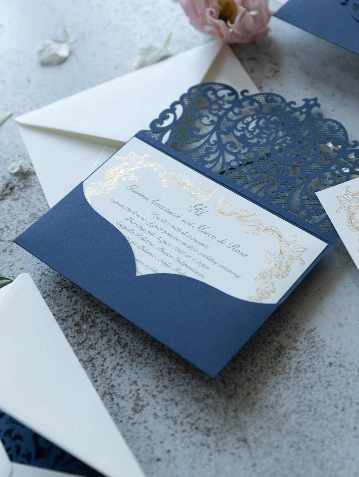 Royal Blue Laser Cut Pocket Wedding Invitations Gold Foiled Insert