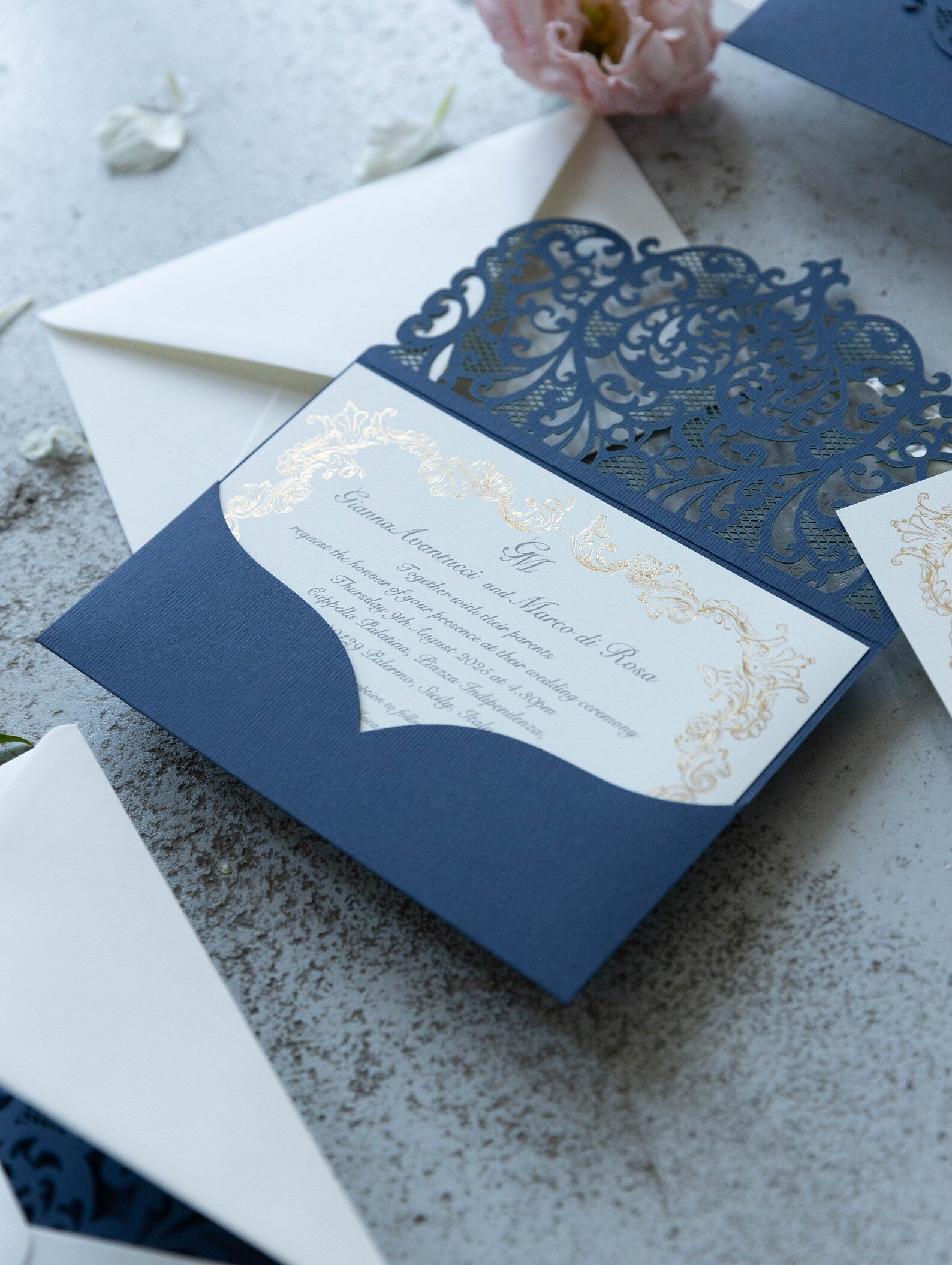 Royal Blue Laser Cut Pocket Wedding Invitations Gold Foiled Insert
