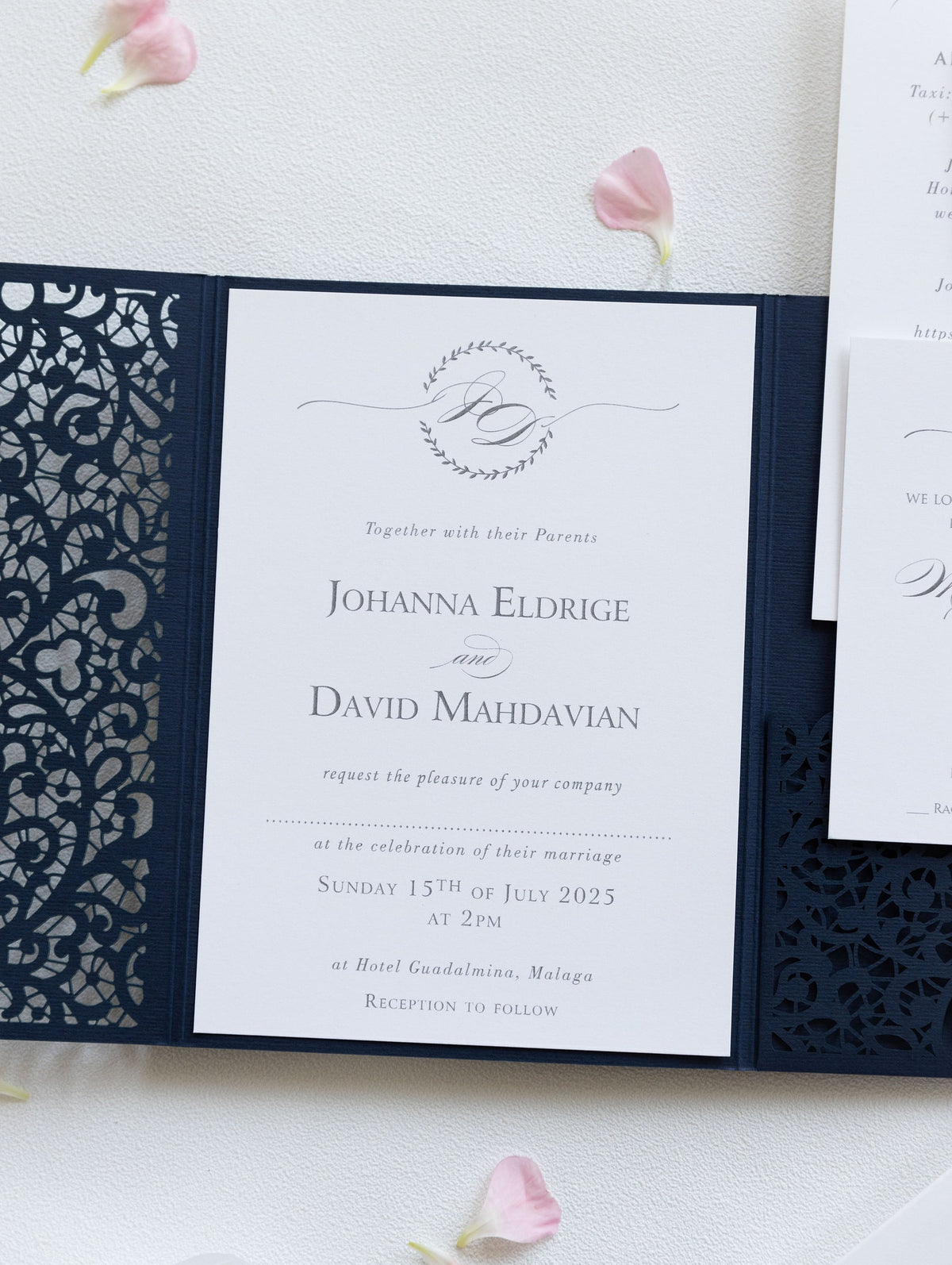Navy Blue Pocketfold Lace Floral Wedding Invitations