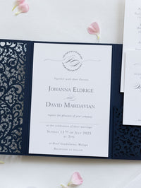 Navy Blue Pocketfold Lace Floral Wedding Invitations