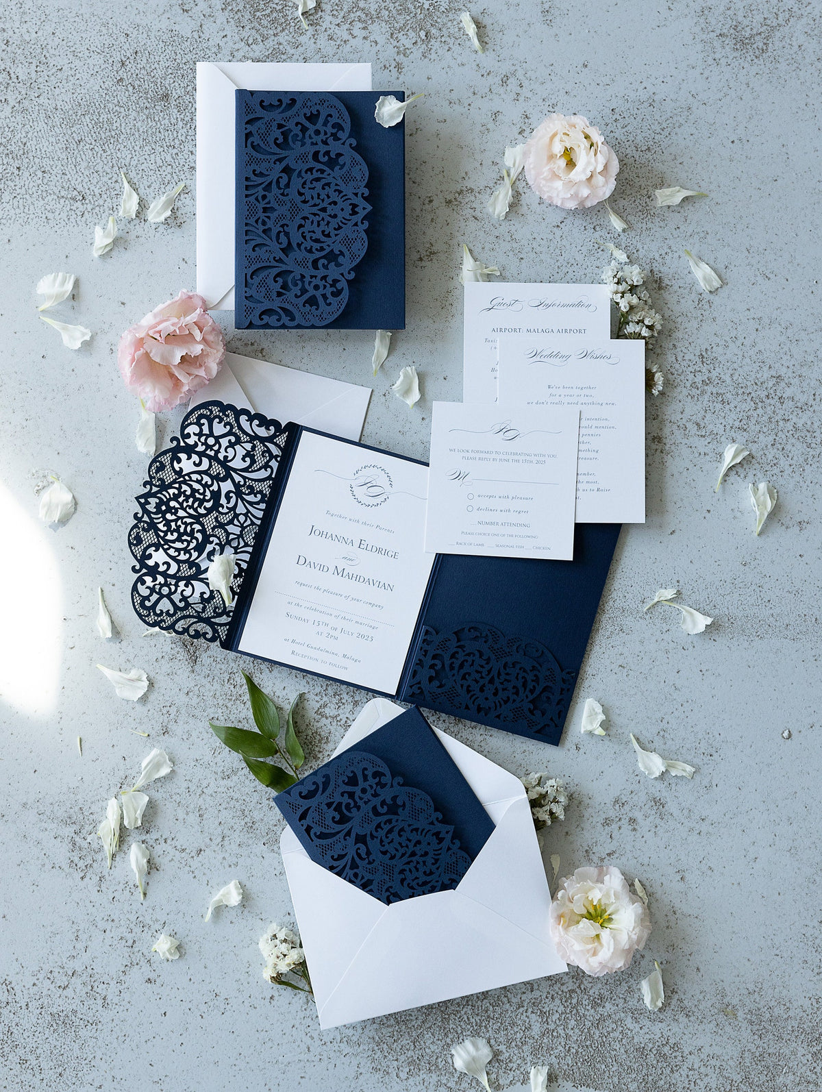 Navy Blue Pocketfold Elegant Lace Floral Wedding Invitations