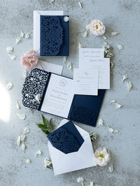 Navy Blue Pocketfold Elegant Lace Floral Wedding Invitations