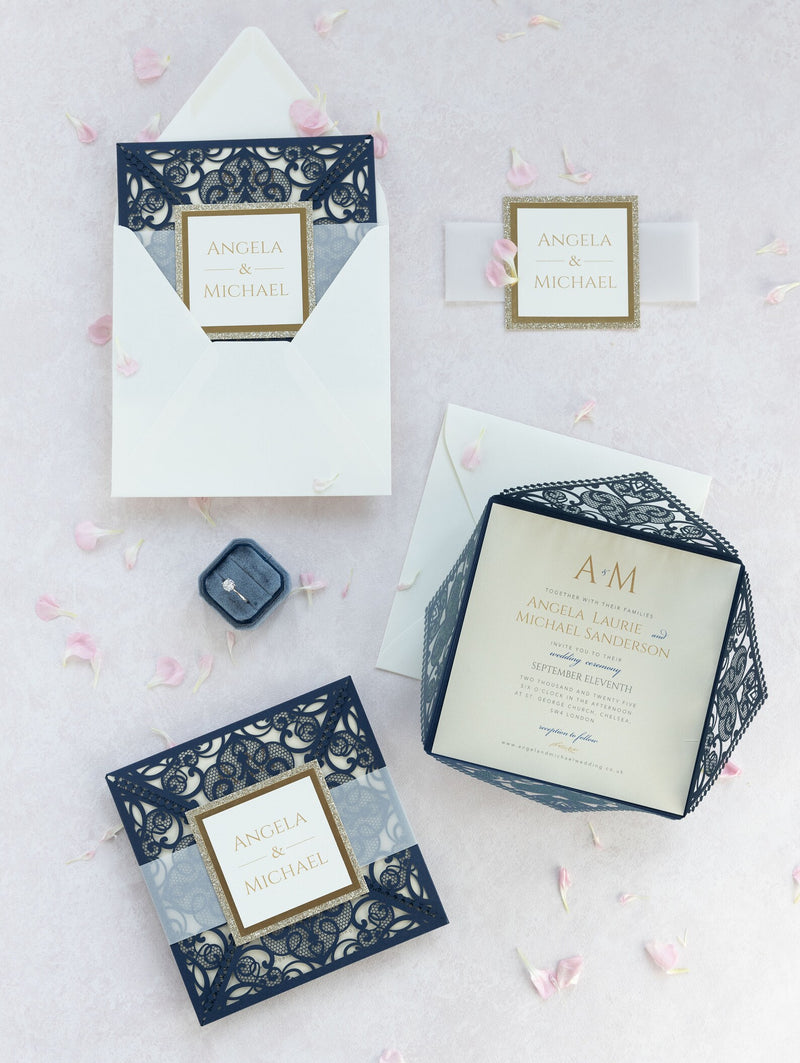 Navy Blue Elegant Wedding Invitations with Cream Insert and Gold Glitter
