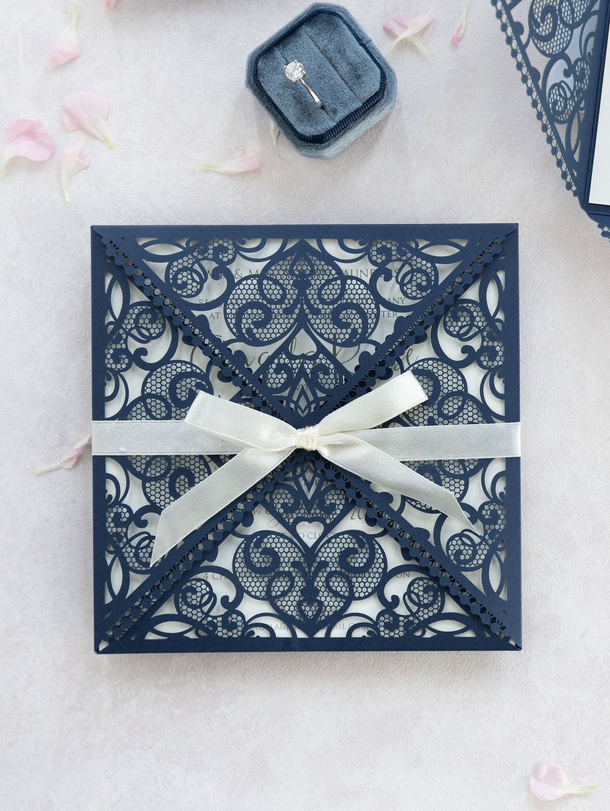 Invitations Wedding Invitation Cards Laser Cut with Cream Lace + Envelope Elegant Navy Blue Satin Ribbon Wedding Invitations Birthday