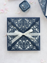 Invitations Wedding Invitation Cards Laser Cut with Cream Lace + Envelope Elegant Navy Blue Satin Ribbon Wedding Invitations Birthday