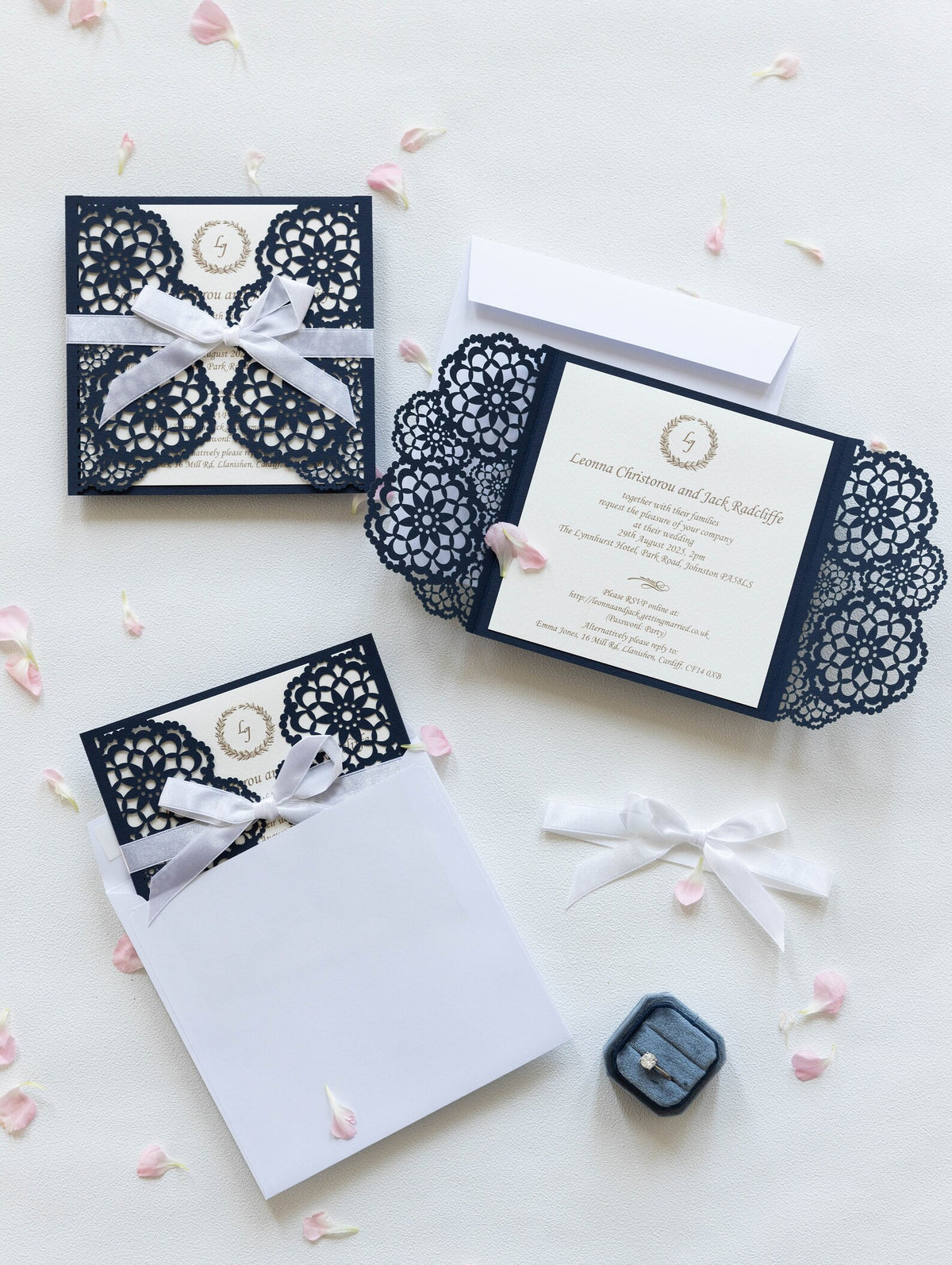 Elegant Navy Blue Wedding Invitations - Laser cut Floral Invitation with Cream Insert