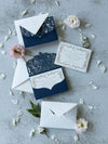 Royal Blue Laser Cut Pocket Wedding Invitations Gold Foiled Insert