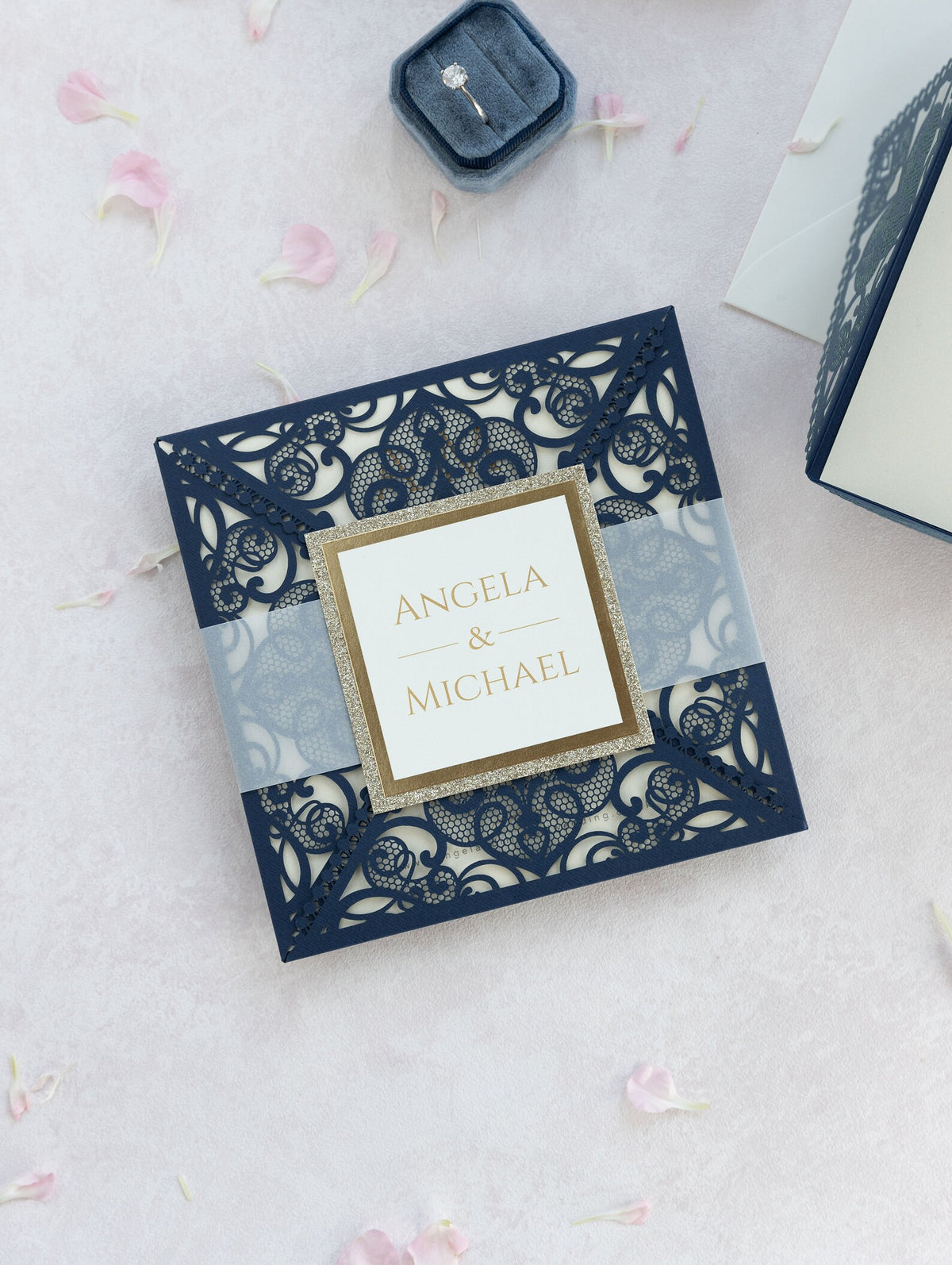 Navy Blue Elegant Wedding Invitations with Cream Insert and Gold Glitter