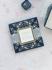 Navy Blue Elegant Wedding Invitations with Cream Insert and Gold Glitter
