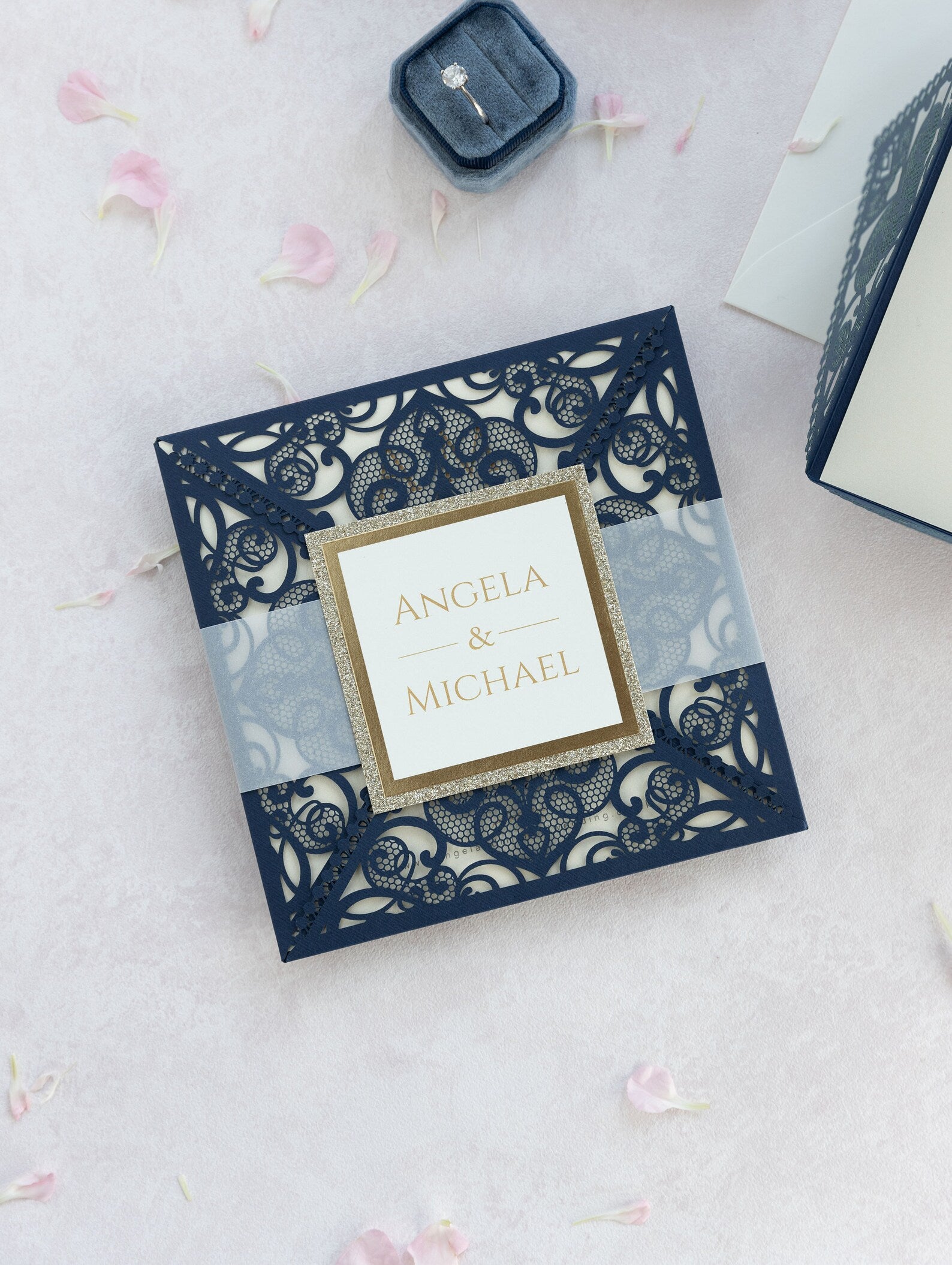 Navy Blue Elegant Wedding Invitations with Cream Insert and Gold Glitter
