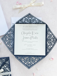 Invitations Wedding Invitation Cards Laser Cut with Cream Lace + Envelope Elegant Navy Blue Satin Ribbon Wedding Invitations Birthday