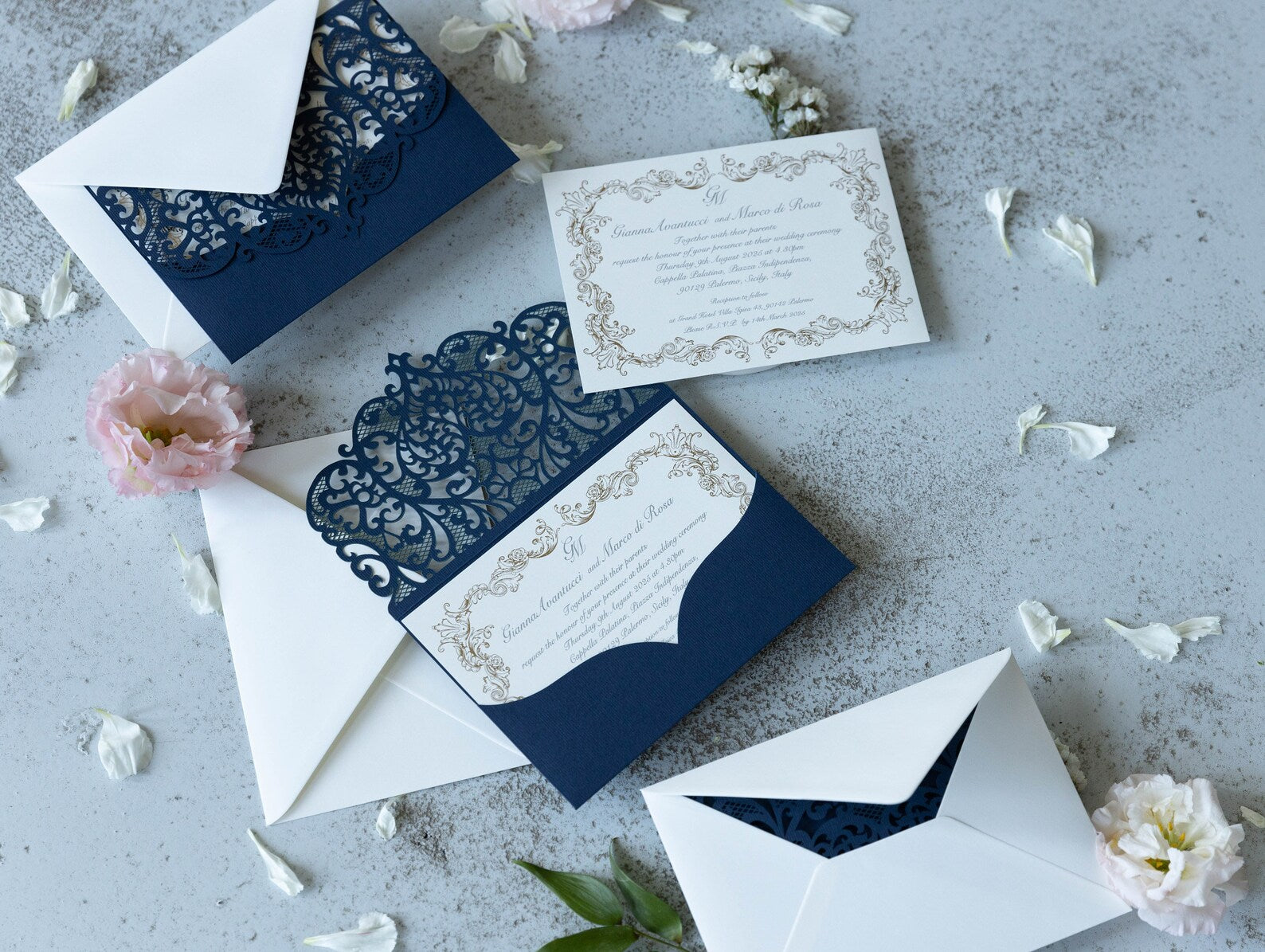 Royal Blue Laser Cut Pocket Wedding Invitations Gold Foiled Insert