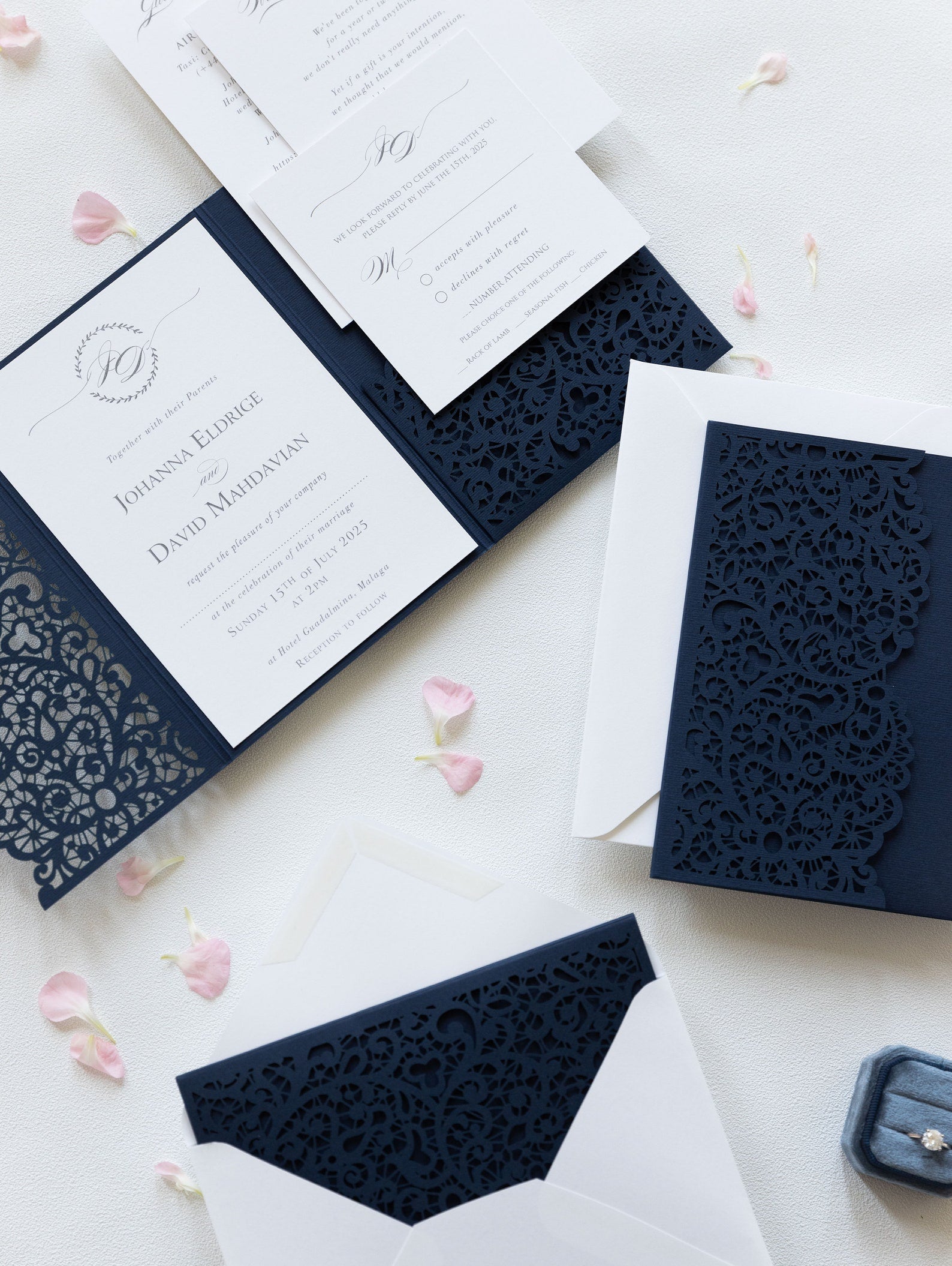 Navy Blue Pocketfold Lace Floral Wedding Invitations