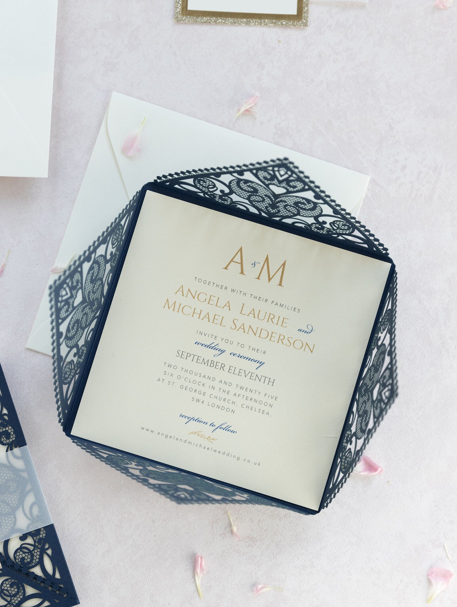 Navy Blue Elegant Wedding Invitations with Cream Insert and Gold Glitter