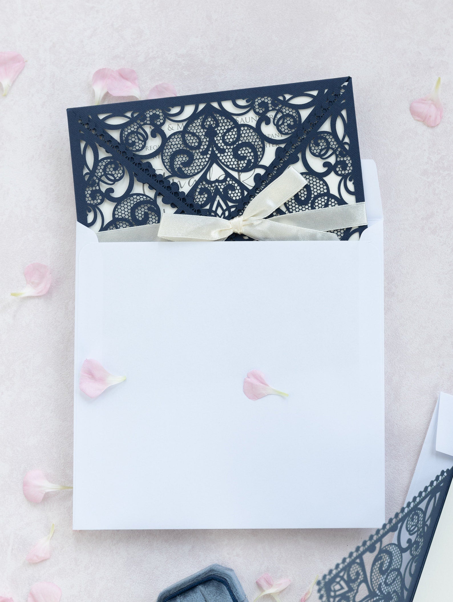 Invitations Wedding Invitation Cards Laser Cut with Cream Lace + Envelope Elegant Navy Blue Satin Ribbon Wedding Invitations Birthday