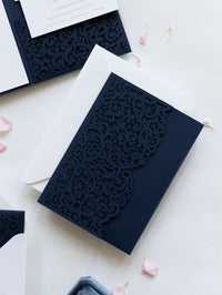 Navy Blue Pocketfold Lace Floral Wedding Invitations