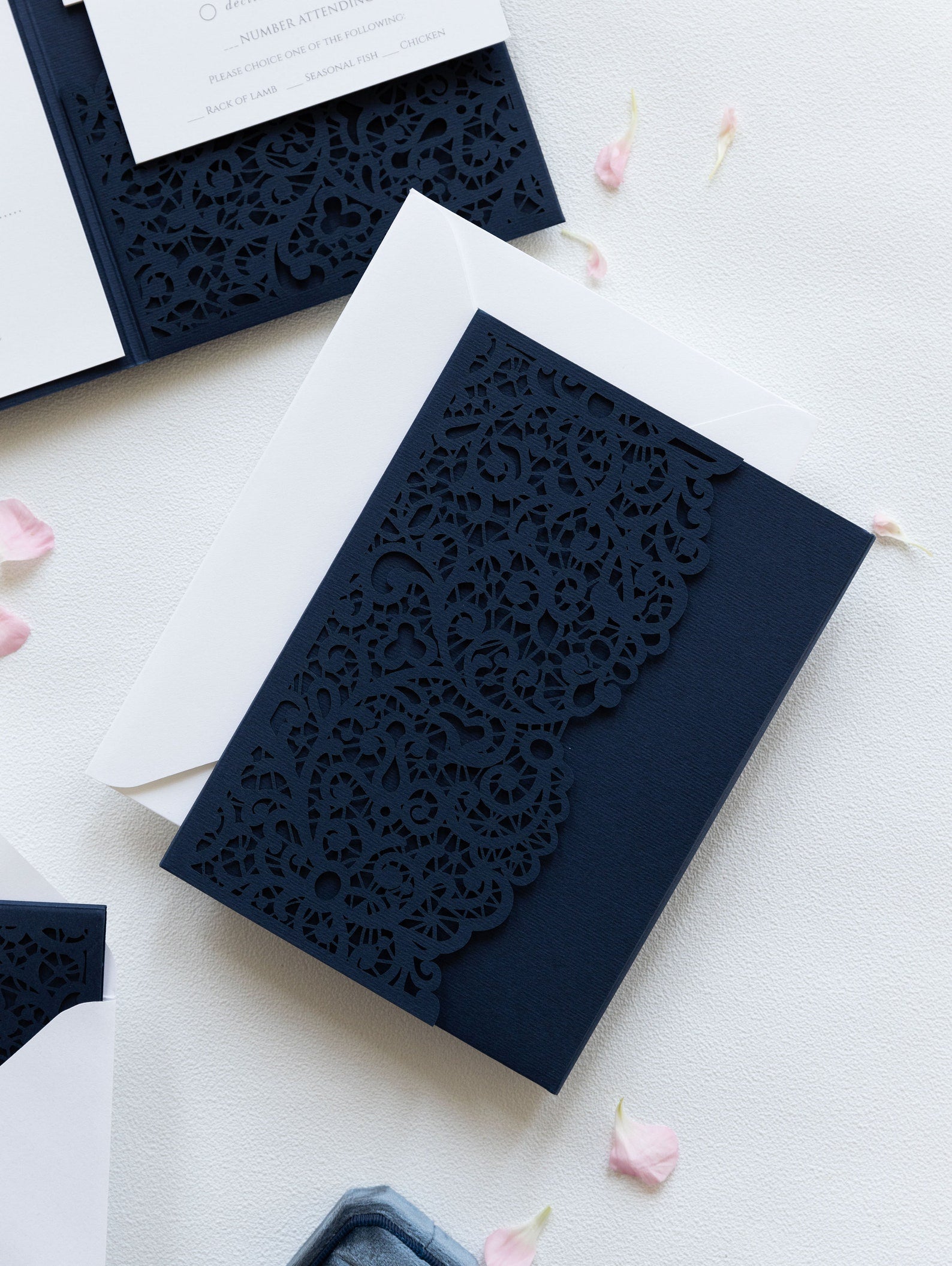 Navy Blue Pocketfold Lace Floral Wedding Invitations