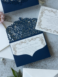 Royal Blue Laser Cut Pocket Wedding Invitations Gold Foiled Insert