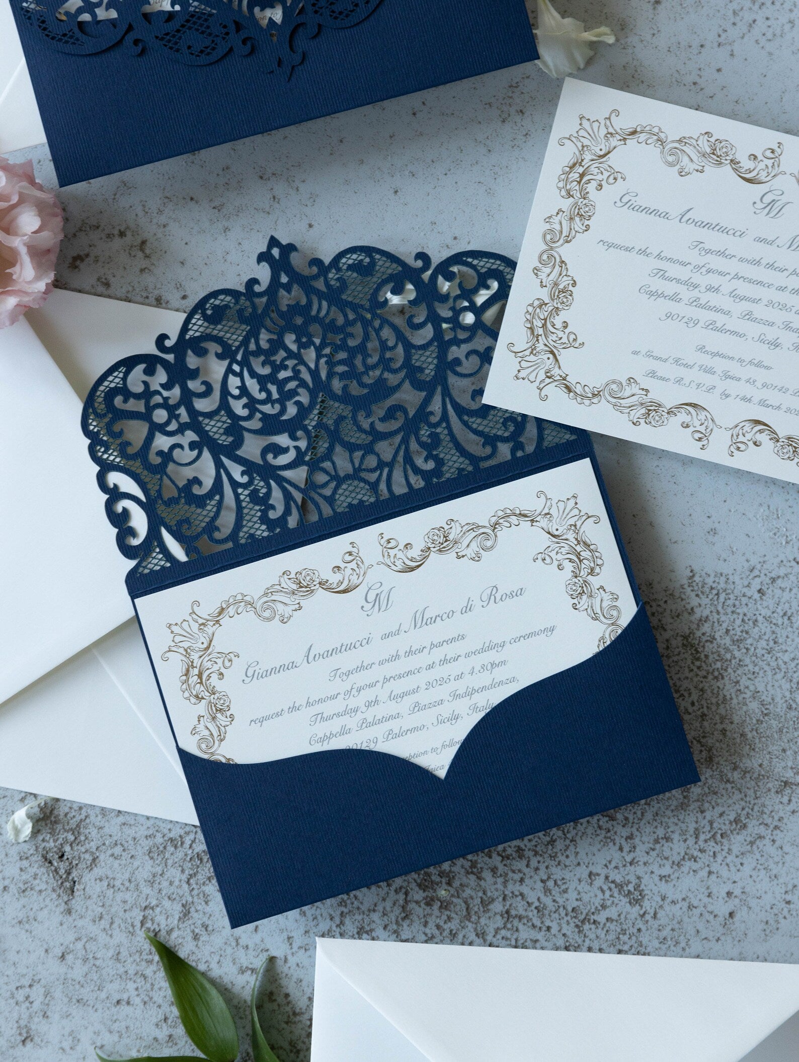 Royal Blue Laser Cut Pocket Wedding Invitations Gold Foiled Insert