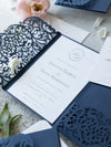 Navy Blue Pocketfold Elegant Lace Floral Wedding Invitations