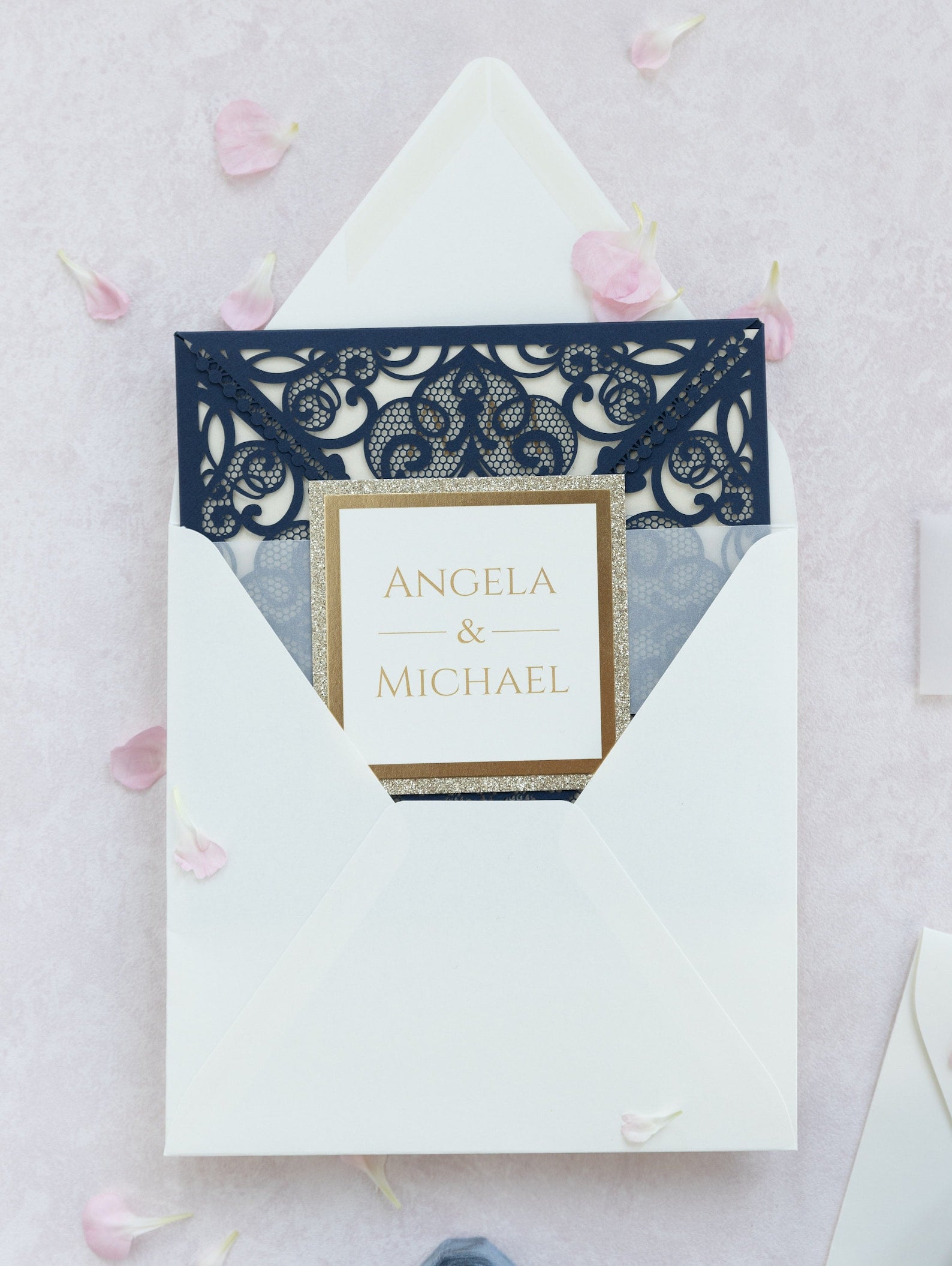 Navy Blue Elegant Wedding Invitations with Cream Insert and Gold Glitter