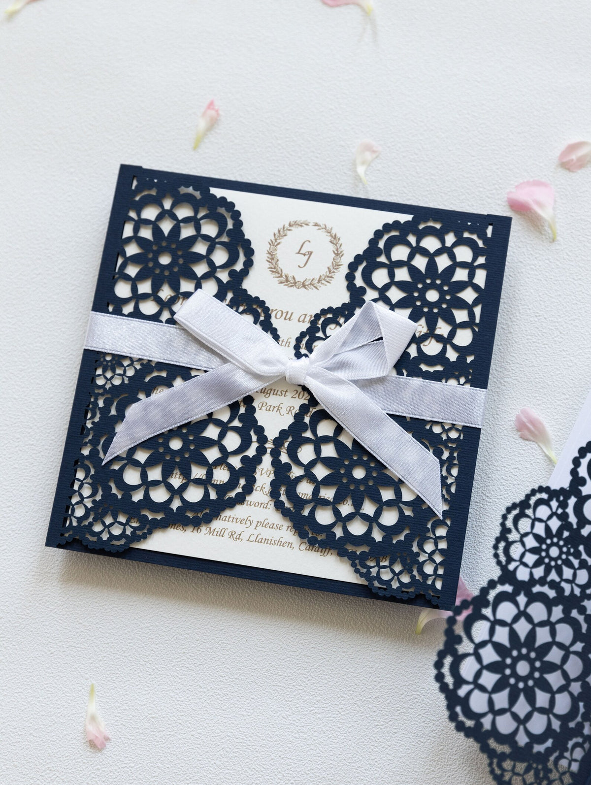 Elegant Navy Blue Wedding Invitations - Laser cut Floral Invitation with Cream Insert