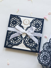 Elegant Navy Blue Wedding Invitations - Laser cut Floral Invitation with Cream Insert