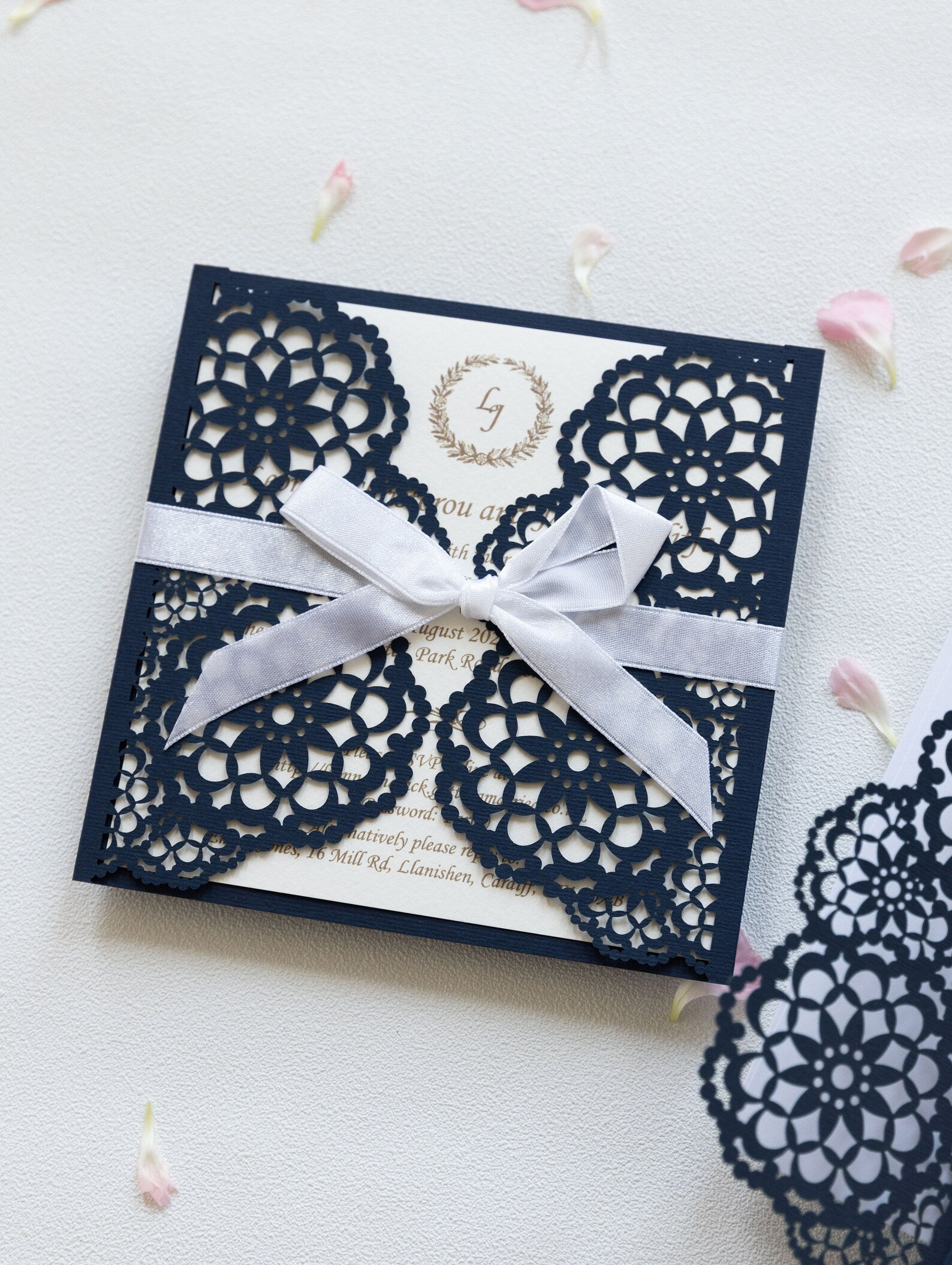 Elegant Navy Blue Wedding Invitations - Laser cut Floral Invitation with Cream Insert
