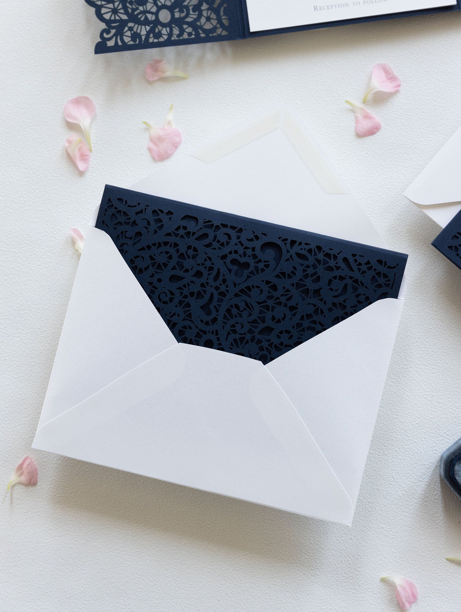 Navy Blue Pocketfold Lace Floral Wedding Invitations