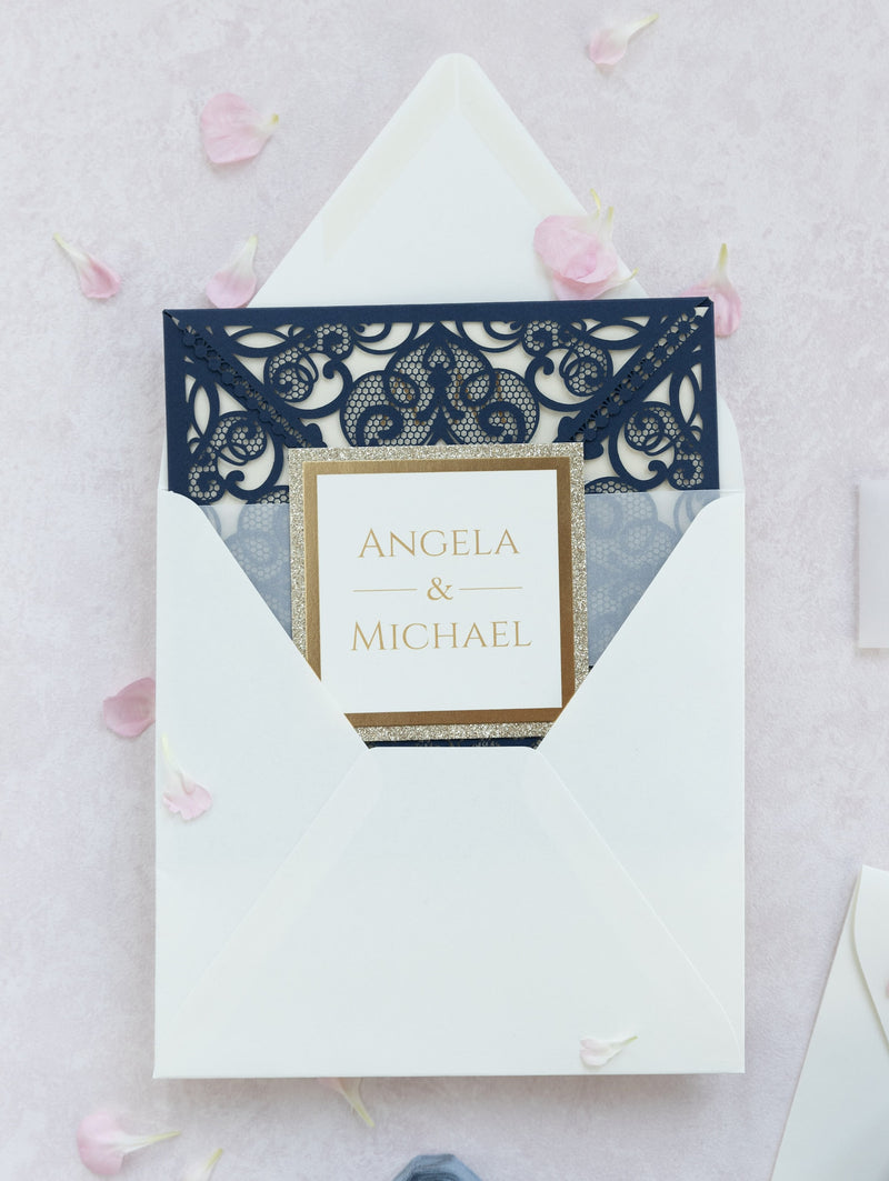 Navy Blue Elegant Wedding Invitations with Cream Insert and Gold Glitter