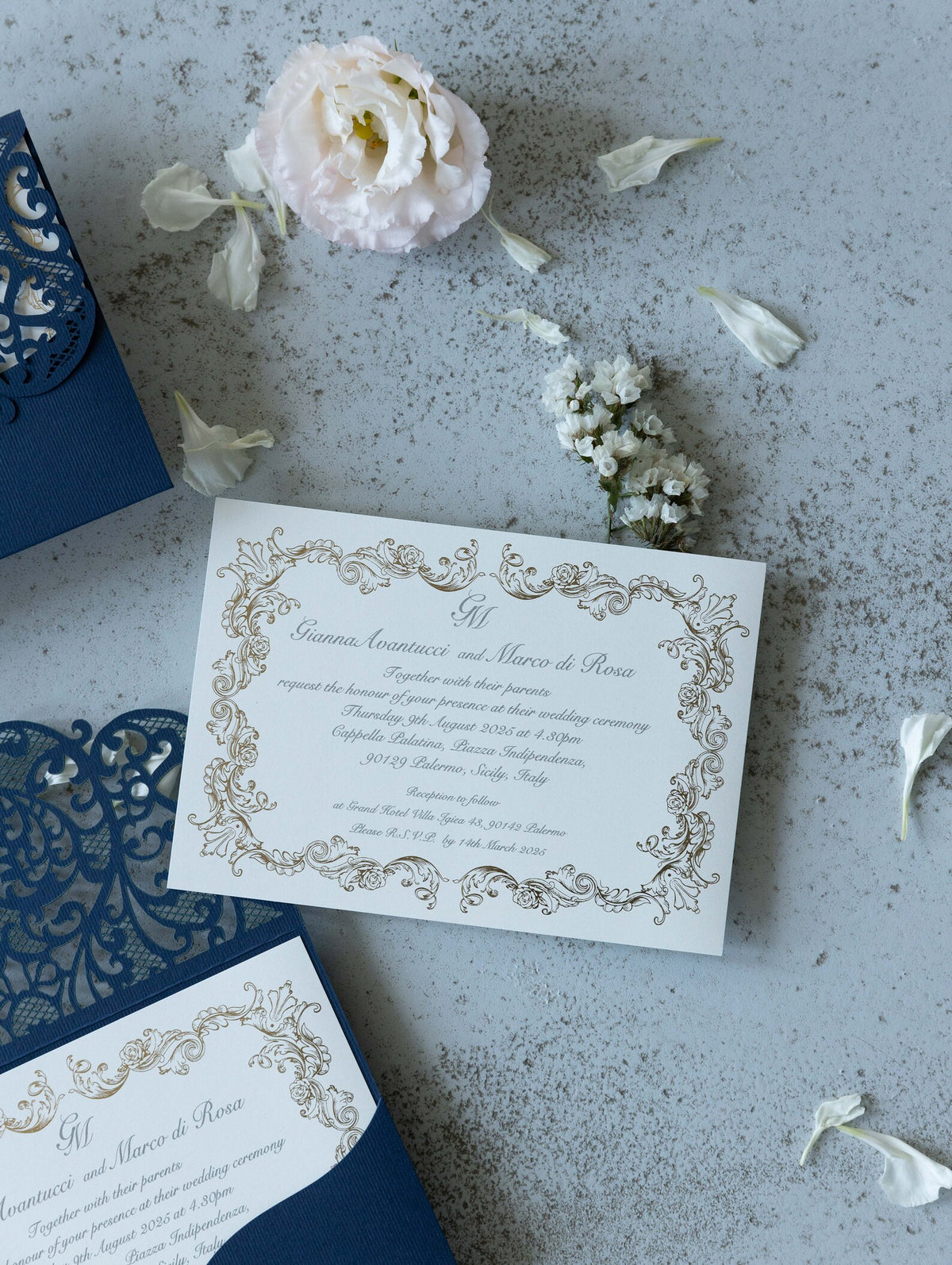 Royal Blue Laser Cut Pocket Wedding Invitations Gold Foiled Insert