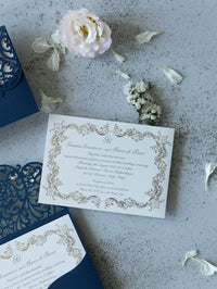 Royal Blue Laser Cut Pocket Wedding Invitations Gold Foiled Insert
