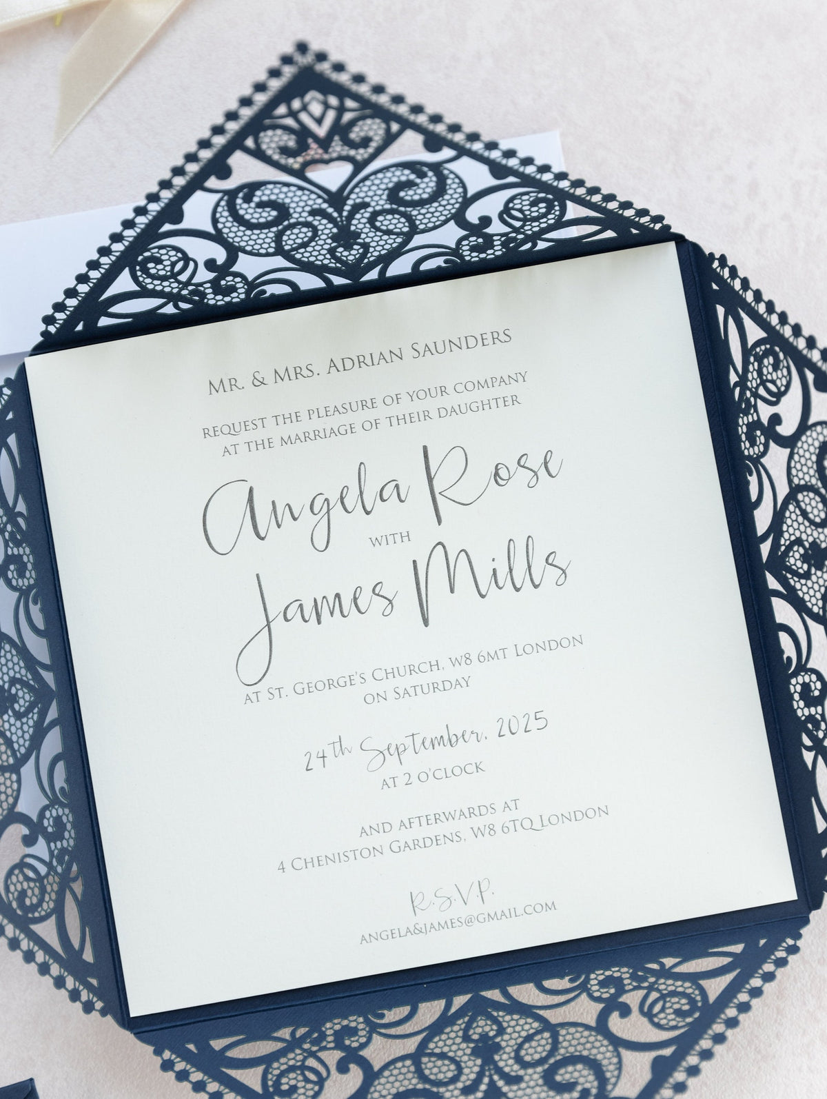 Invitations Wedding Invitation Cards Laser Cut with Cream Lace + Envelope Elegant Navy Blue Satin Ribbon Wedding Invitations Birthday