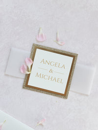 Navy Blue Elegant Wedding Invitations with Cream Insert and Gold Glitter