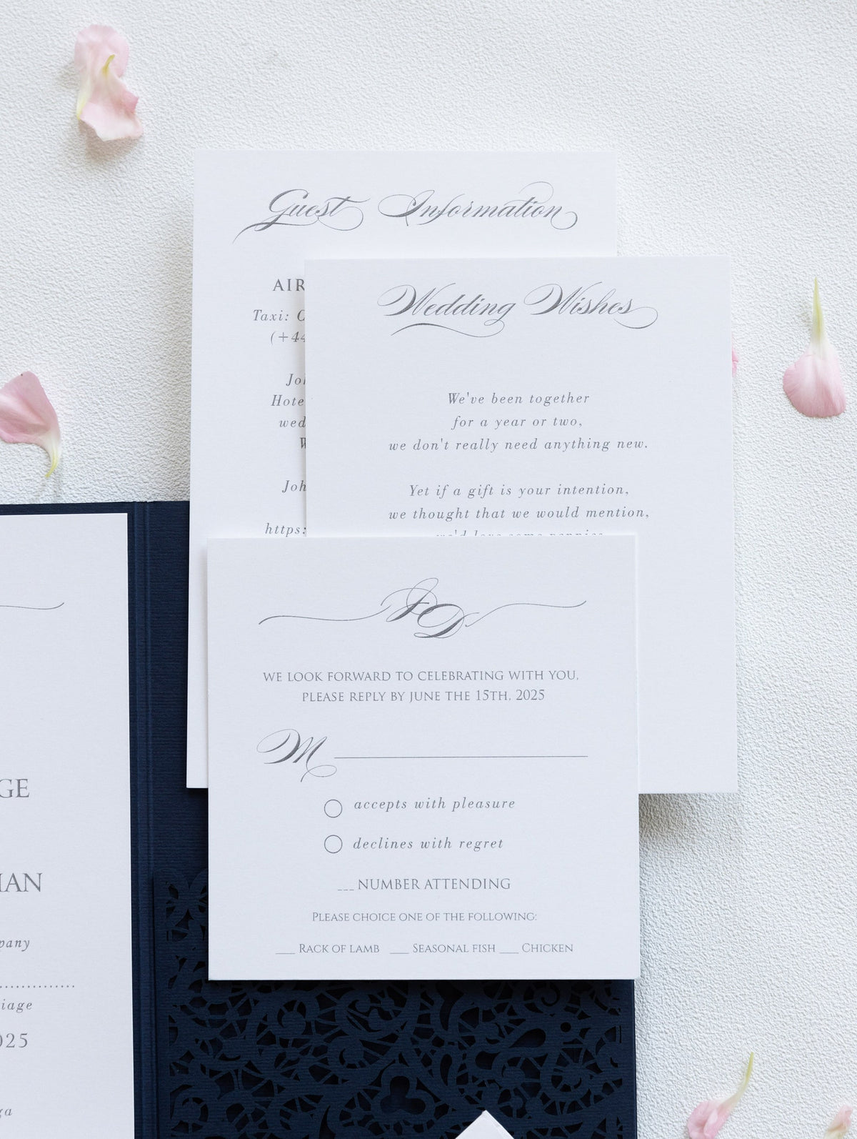 Navy Blue Pocketfold Lace Floral Wedding Invitations
