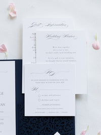 Navy Blue Pocketfold Lace Floral Wedding Invitations