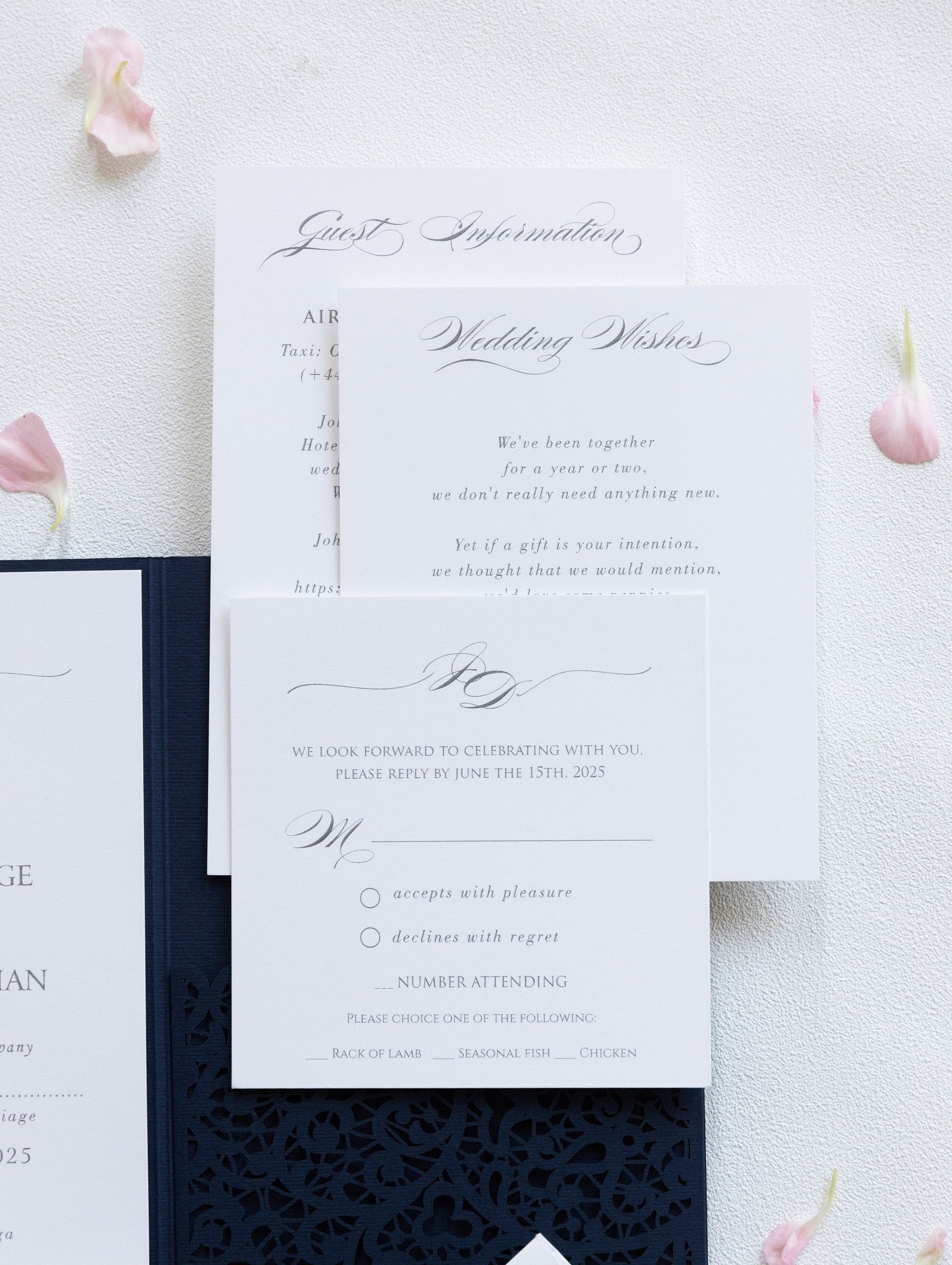 Navy Blue Pocketfold Lace Floral Wedding Invitations