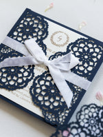 Elegant Navy Blue Wedding Invitations - Laser cut Floral Invitation with Cream Insert