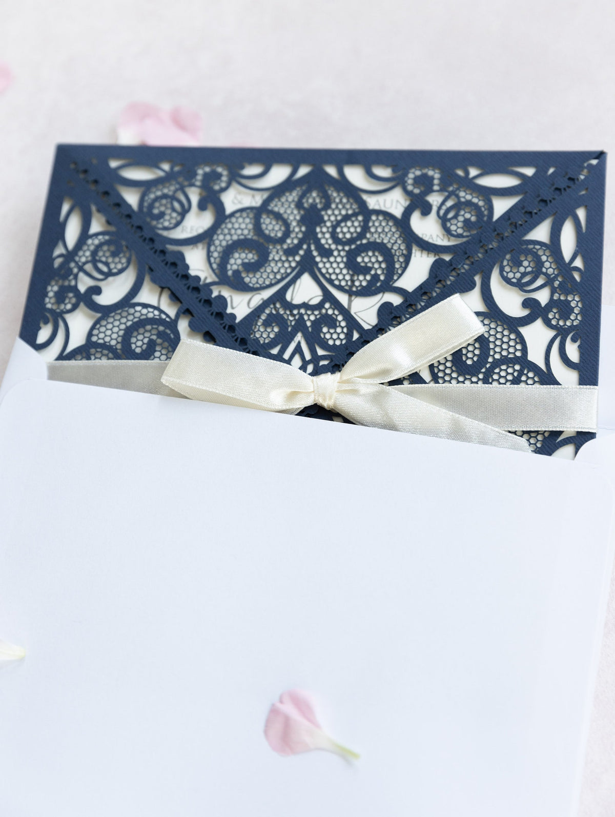Invitations Wedding Invitation Cards Laser Cut with Cream Lace + Envelope Elegant Navy Blue Satin Ribbon Wedding Invitations Birthday