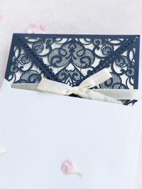 Invitations Wedding Invitation Cards Laser Cut with Cream Lace + Envelope Elegant Navy Blue Satin Ribbon Wedding Invitations Birthday