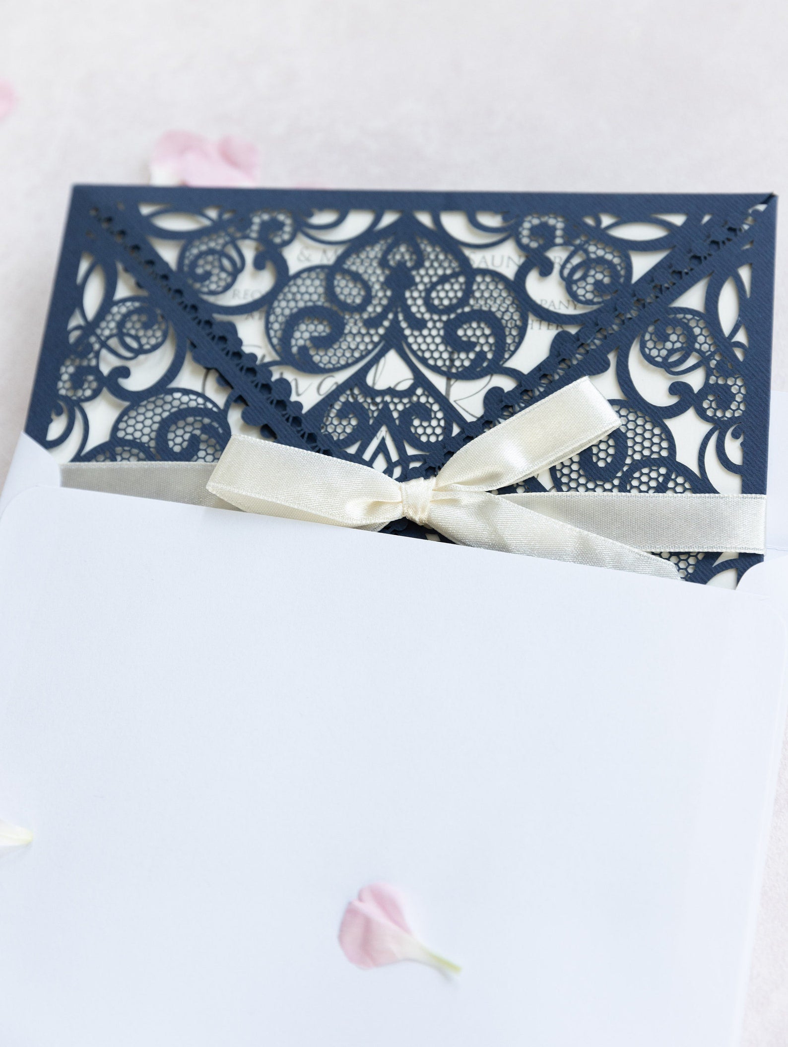 Invitations Wedding Invitation Cards Laser Cut with Cream Lace + Envelope Elegant Navy Blue Satin Ribbon Wedding Invitations Birthday