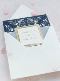 Navy Blue Elegant Wedding Invitations with Cream Insert and Gold Glitter