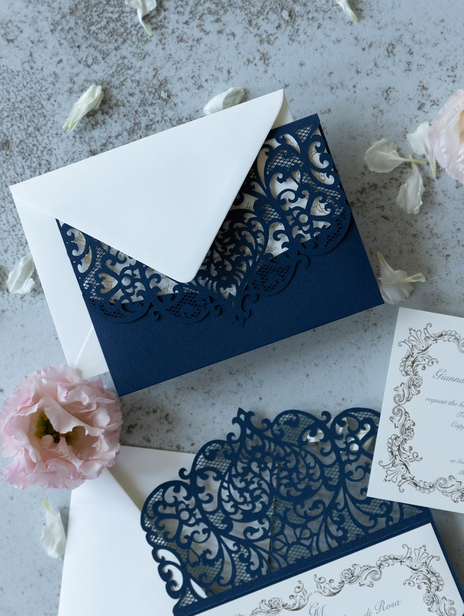 Royal Blue Laser Cut Pocket Wedding Invitations Gold Foiled Insert