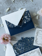 Royal Blue Laser Cut Pocket Wedding Invitations Gold Foiled Insert