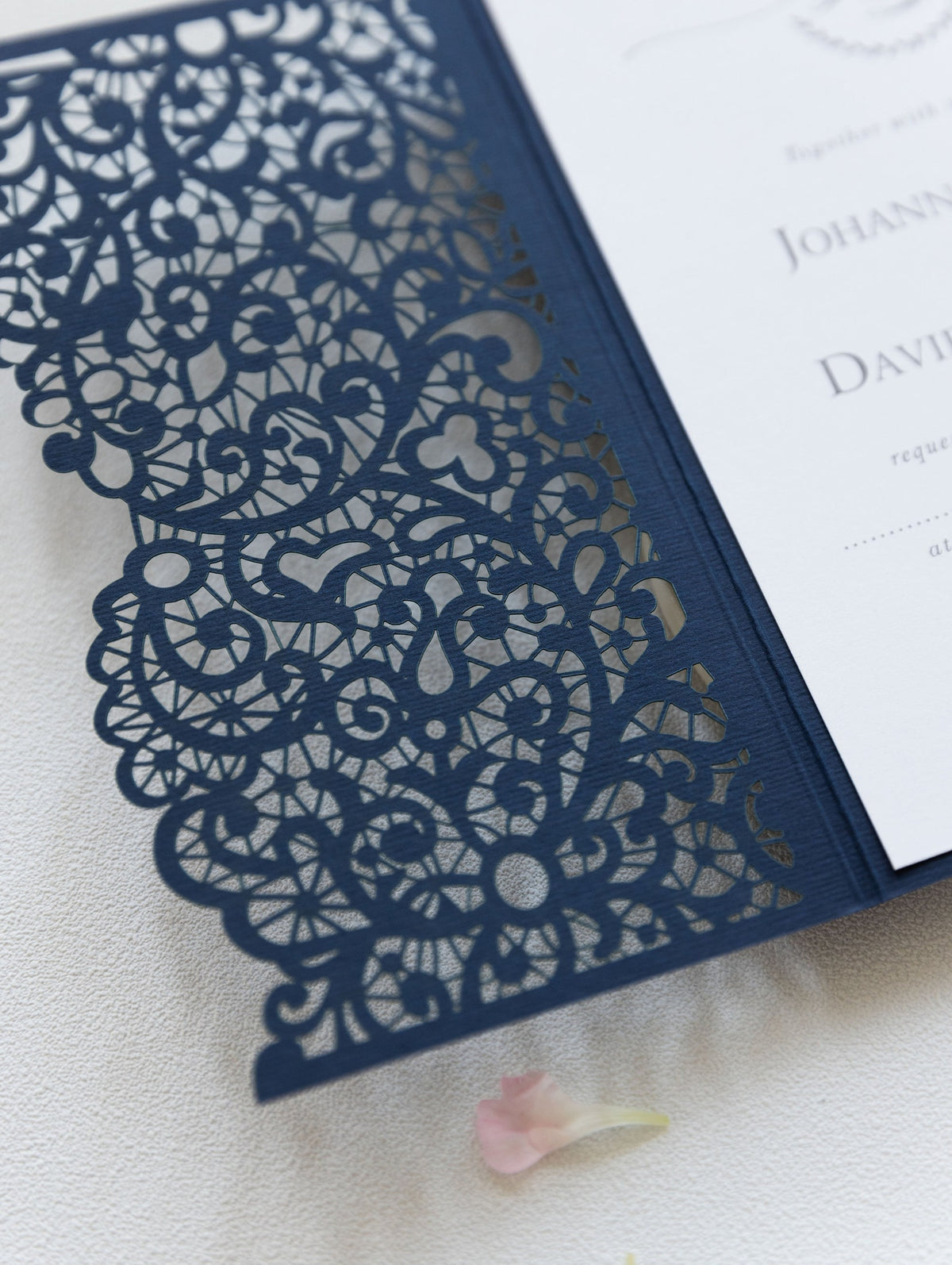 Navy Blue Pocketfold Lace Floral Wedding Invitations