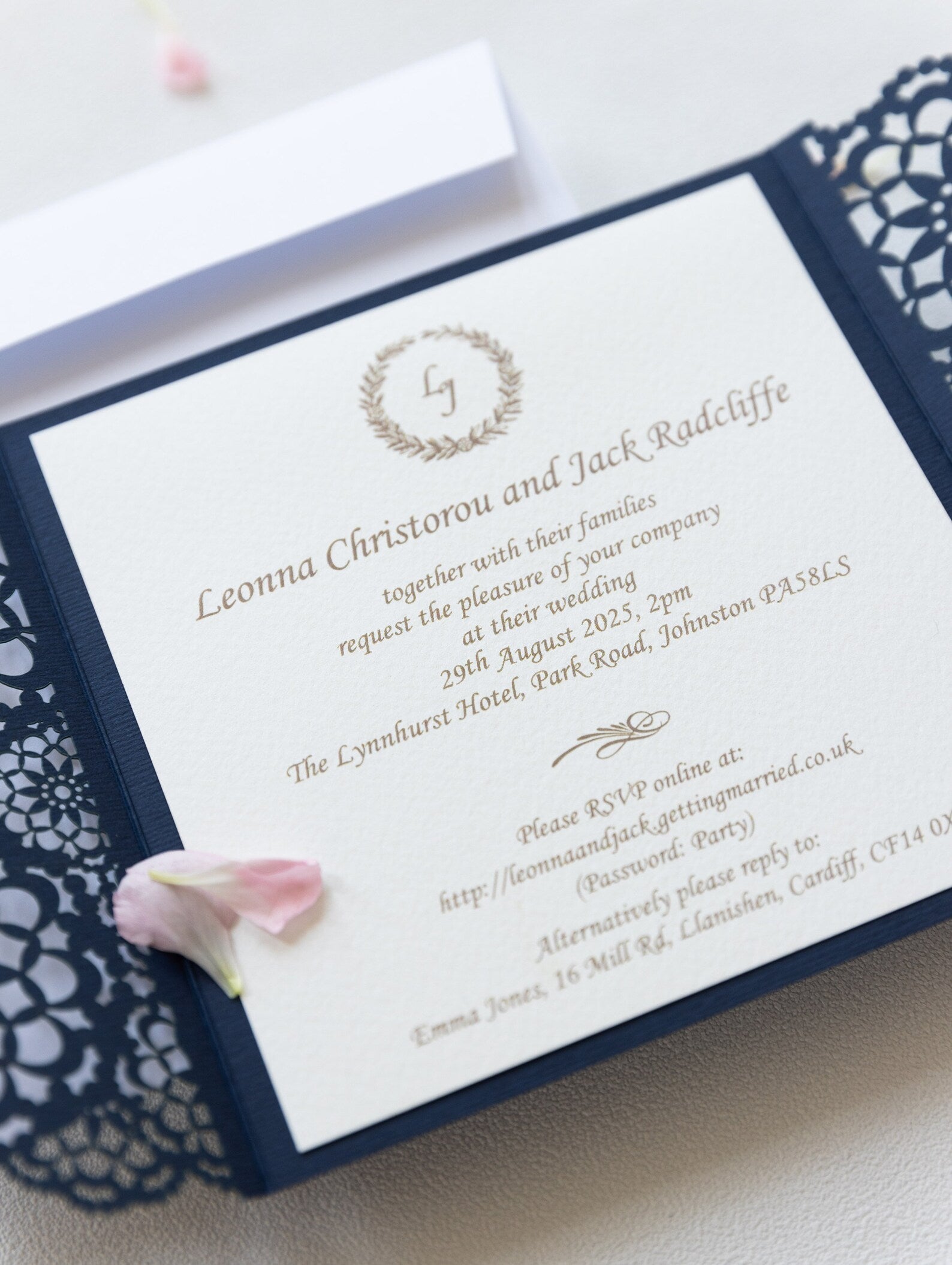 Elegant Navy Blue Wedding Invitations - Laser cut Floral Invitation with Cream Insert