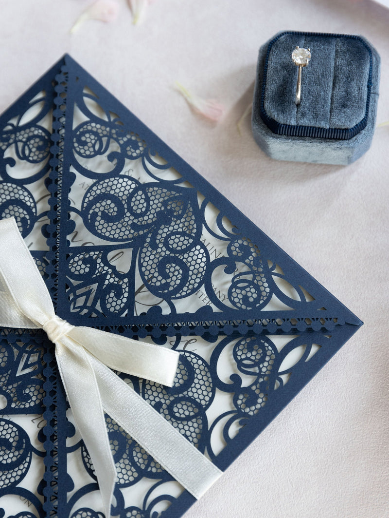 Invitations Wedding Invitation Cards Laser Cut with Cream Lace + Envelope Elegant Navy Blue Satin Ribbon Wedding Invitations Birthday